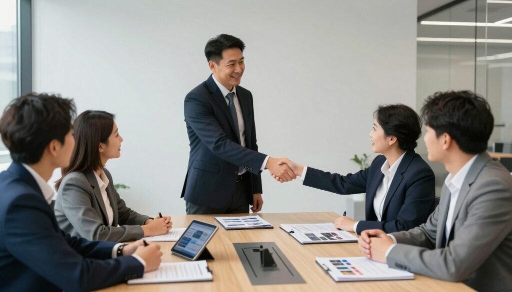 Business meeting between manufacturer representative and UK distributor