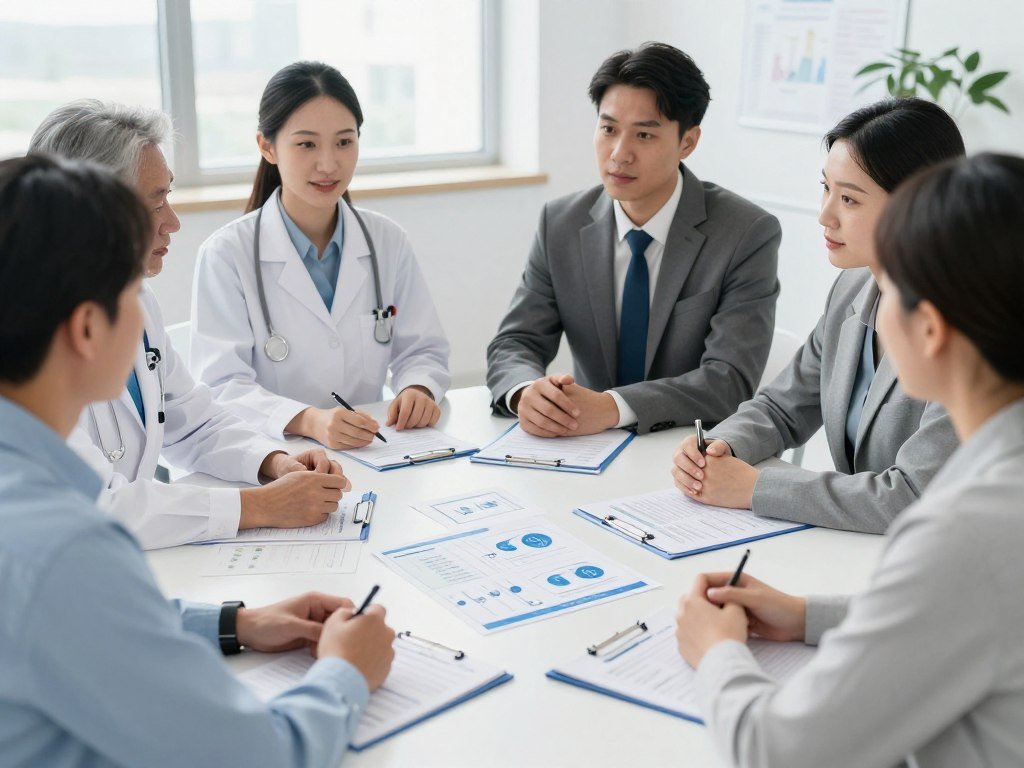 Business meeting discussing colonic machine purchase with equipment specifications