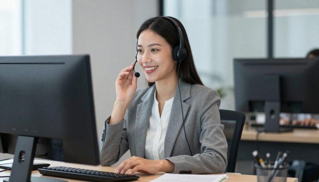 Customer service representative helping client via video call