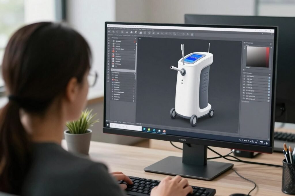 Designer working on custom colonic machine CAD drawings