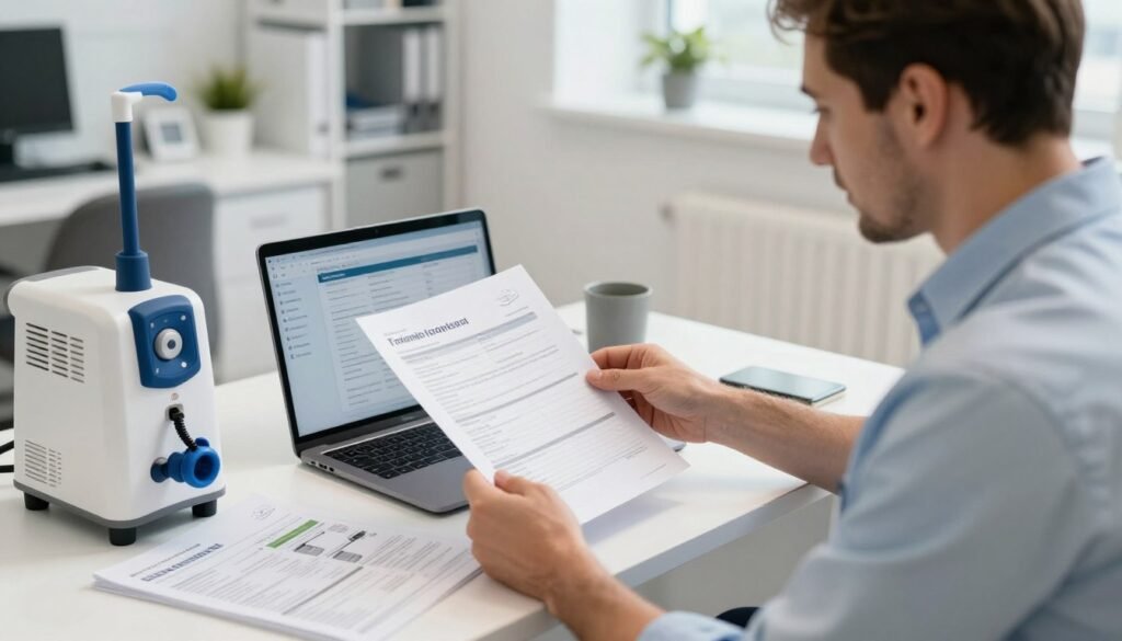Healthcare professional reviewing colonic machine options on laptop in clinic office
