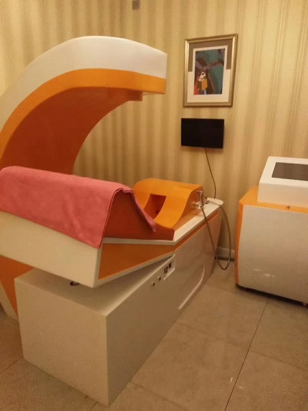 Modern colon hydrotherapy consultation room with professional equipment and comfortable client seating