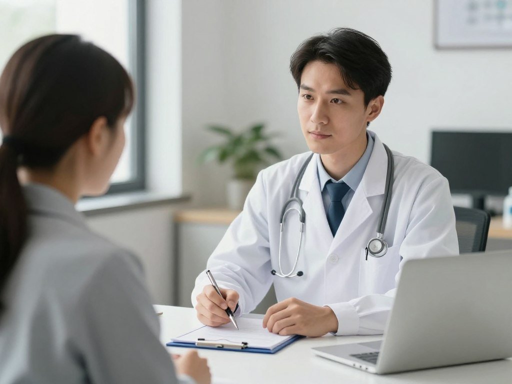 Medical consultation between healthcare provider and patient discussing colon hydrotherapy treatment