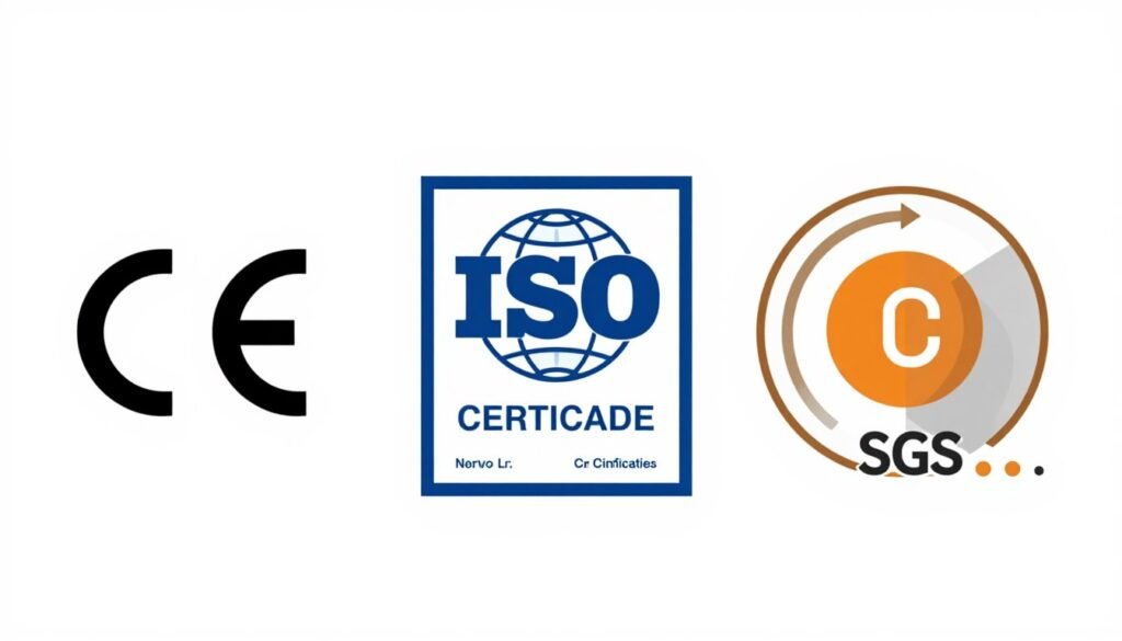 Quality certification badges including CE, ISO, and SGS