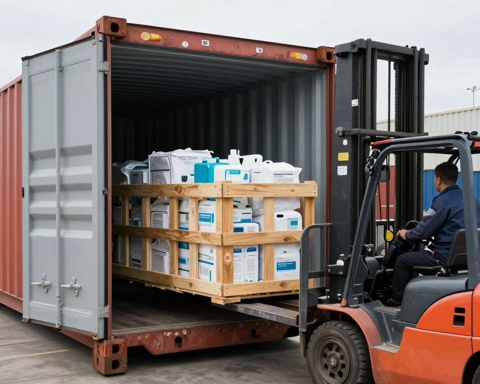 Shipping container being loaded with medical equipment