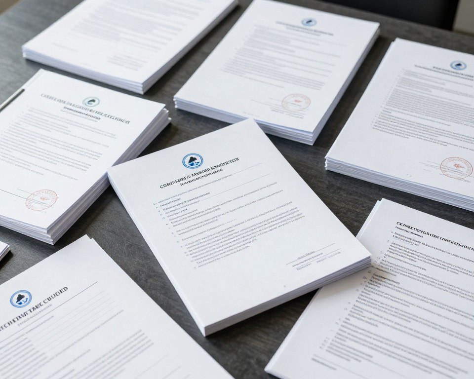 Stack of compliance documentation and certificates