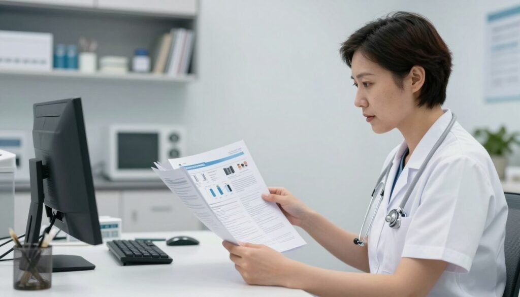 UK practitioner reviewing colon hydrotherapy equipment specifications