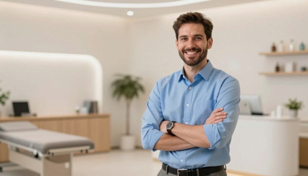 successful healthcare business owner in modern clinic