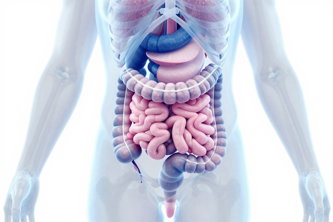 Anatomical illustration of human digestive system highlighting colon and bowel function
