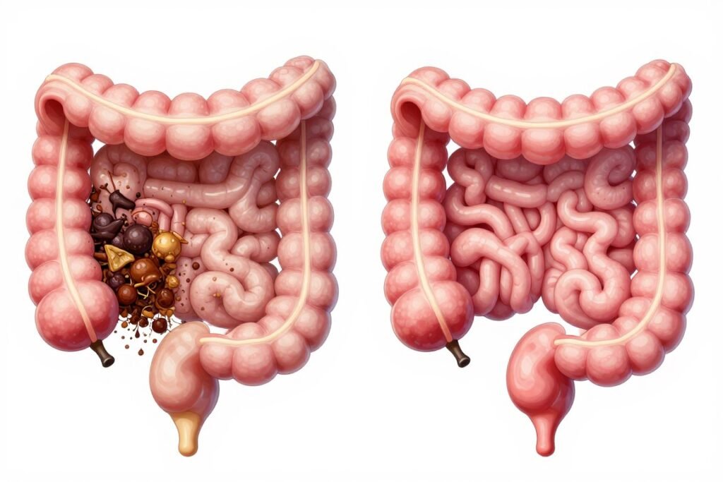 Before and after comparison of colon health showing clean versus waste-accumulated intestinal walls