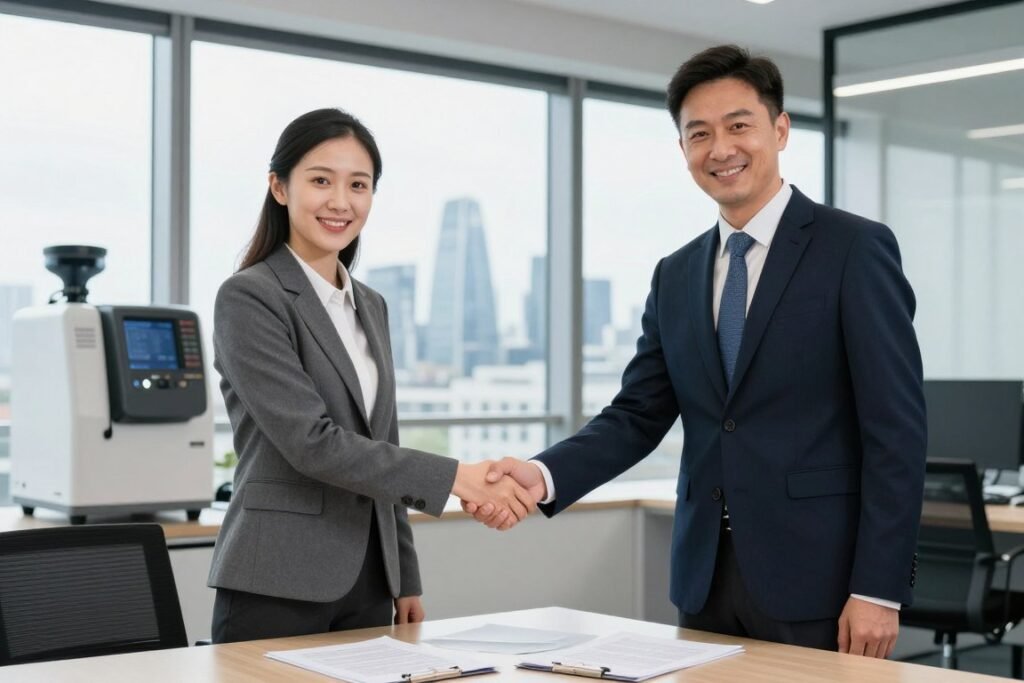 Business handshake between UK clinic owner and MAIKONG representative