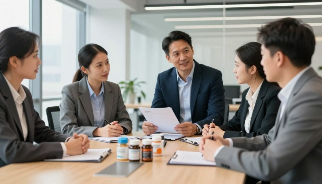 Business meeting discussing wholesale supplement procurement terms