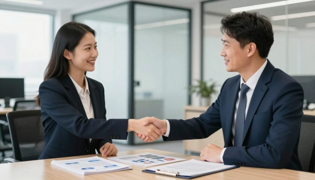 Business partnership handshake between UK distributor and MAIKONG representative