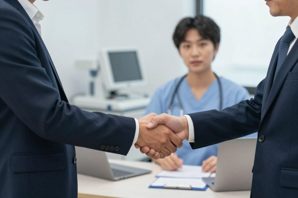 Business partnership handshake in professional healthcare setting