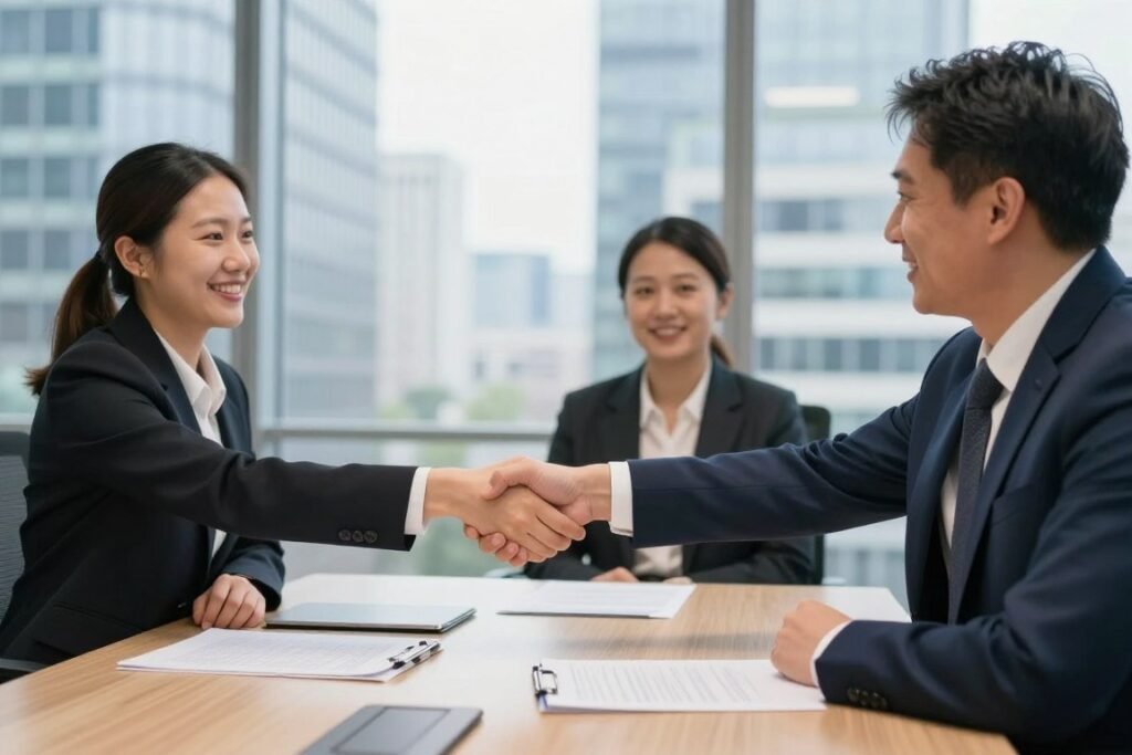 Business professionals shaking hands in modern office