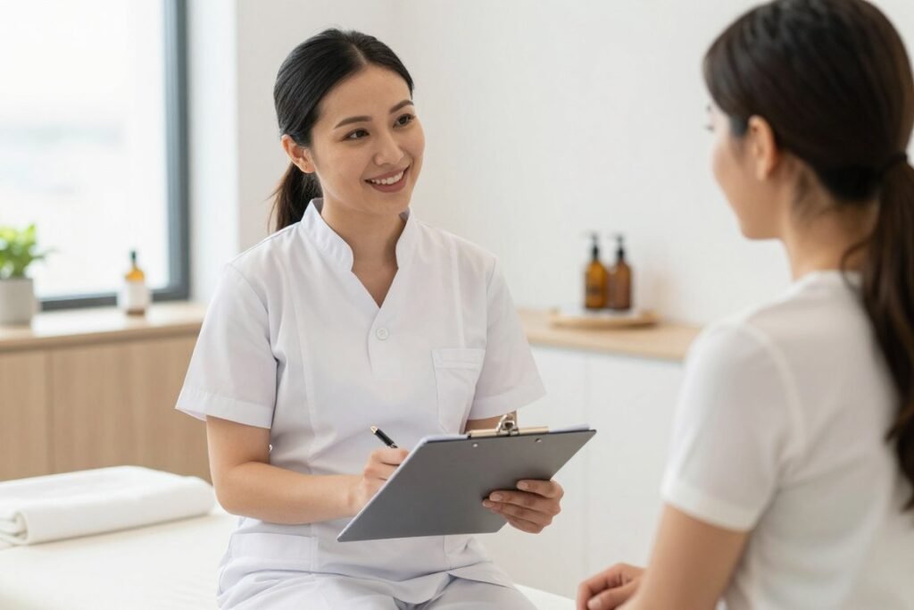 Certified colon hydrotherapist reviewing treatment protocol with client in professional UK clinic