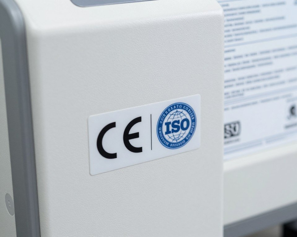 Close-up of CE certification mark and safety compliance labels on medical equipment