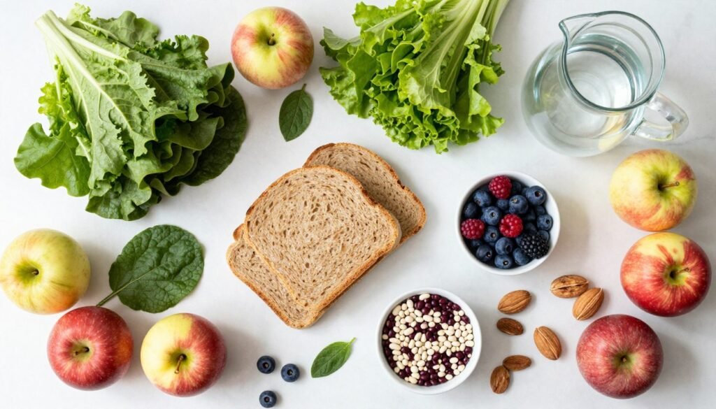 Colorful array of high-fibre fruits vegetables and whole grains for bowel cleanse