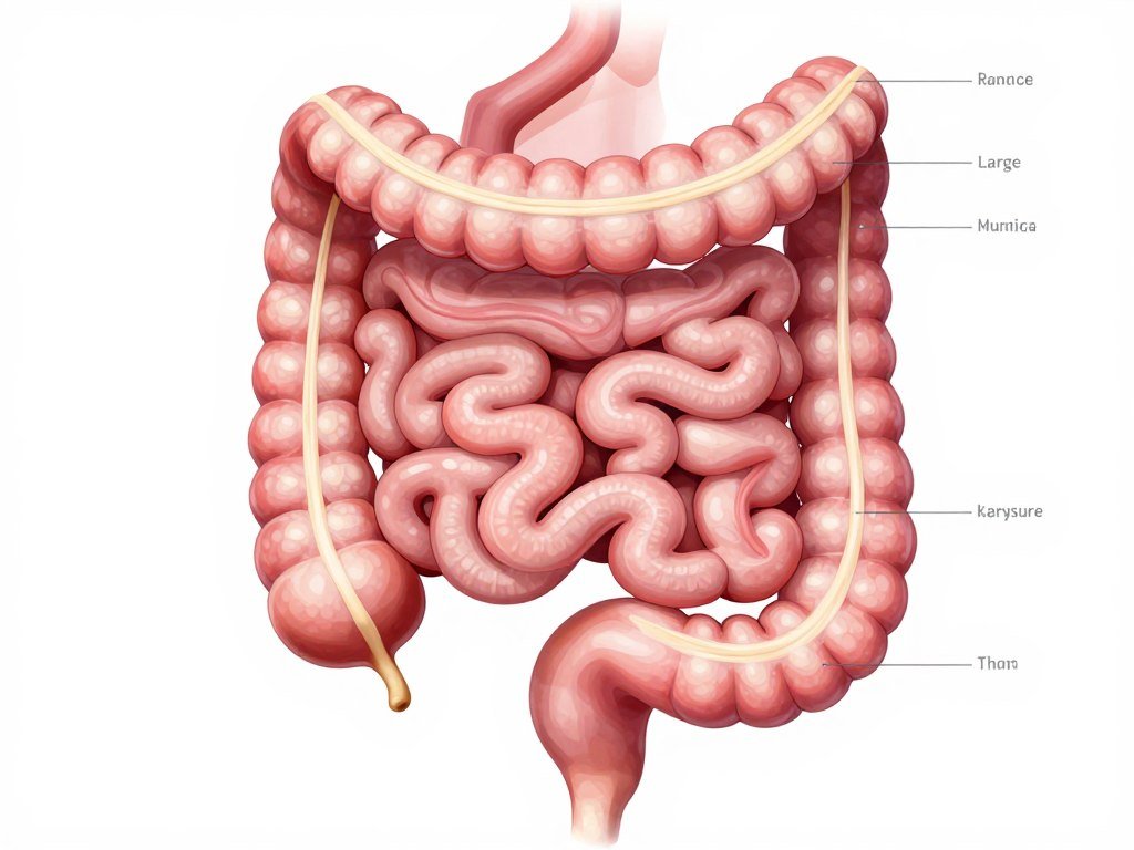 Detailed anatomical illustration of healthy human digestive system showing colon and intestines