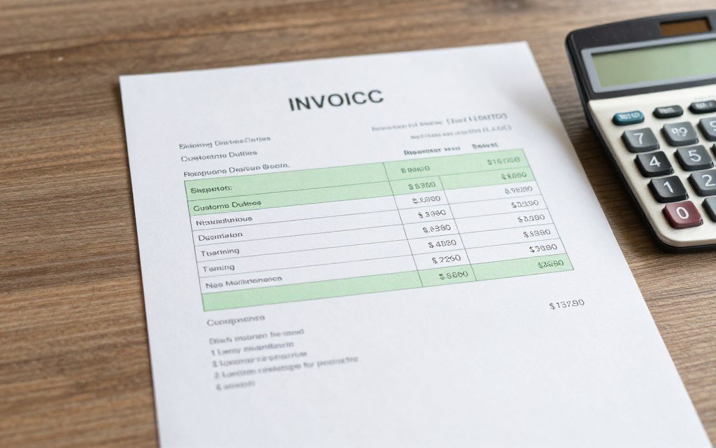 Detailed invoice breakdown showing hidden costs in colon hydrotherapy equipment purchase