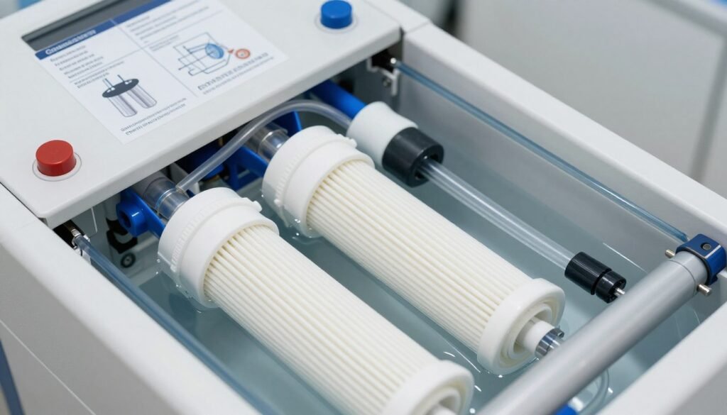Detailed view of water filtration system components in colonic machine