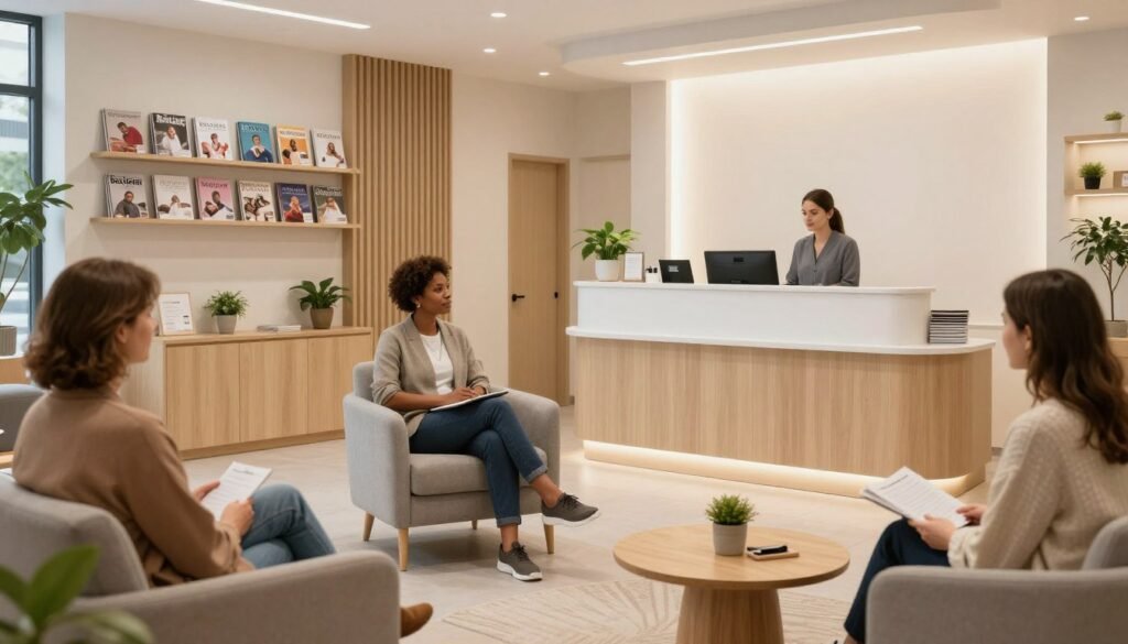 Diverse clientele in modern UK wellness clinic waiting area