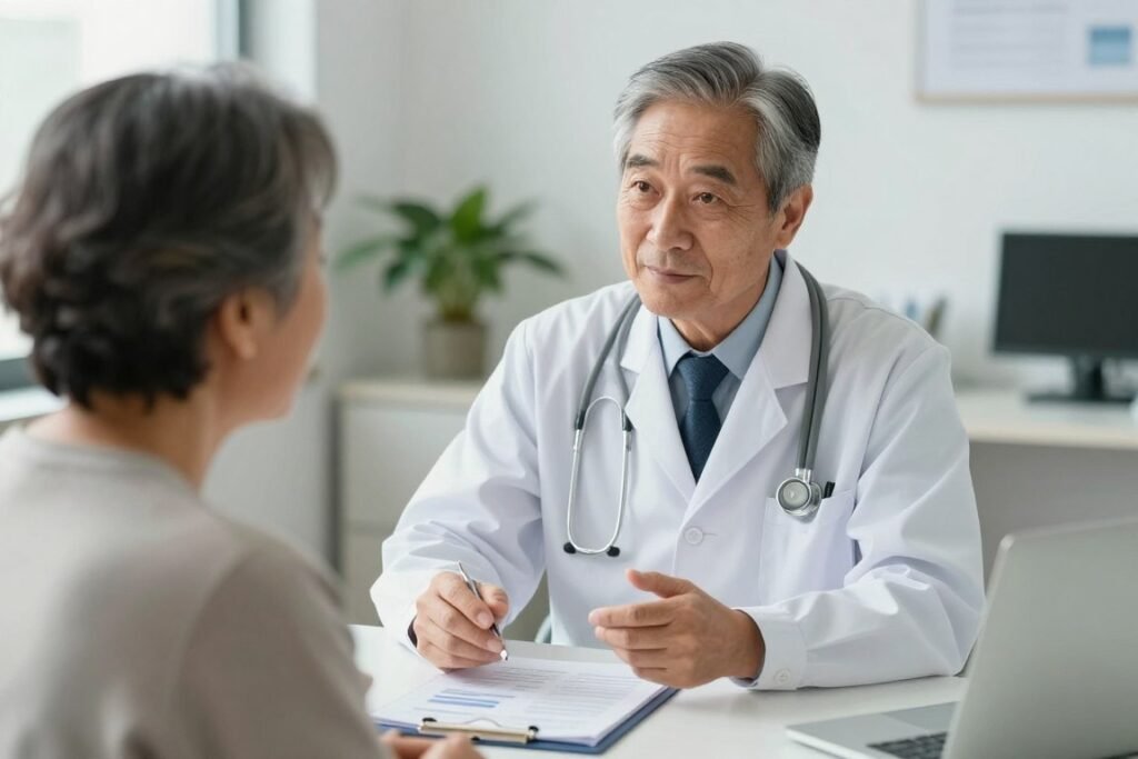 Doctor consulting with elderly patient about enema safety and contraindications Doctor consulting with elderly patient about enema safety and contraindications