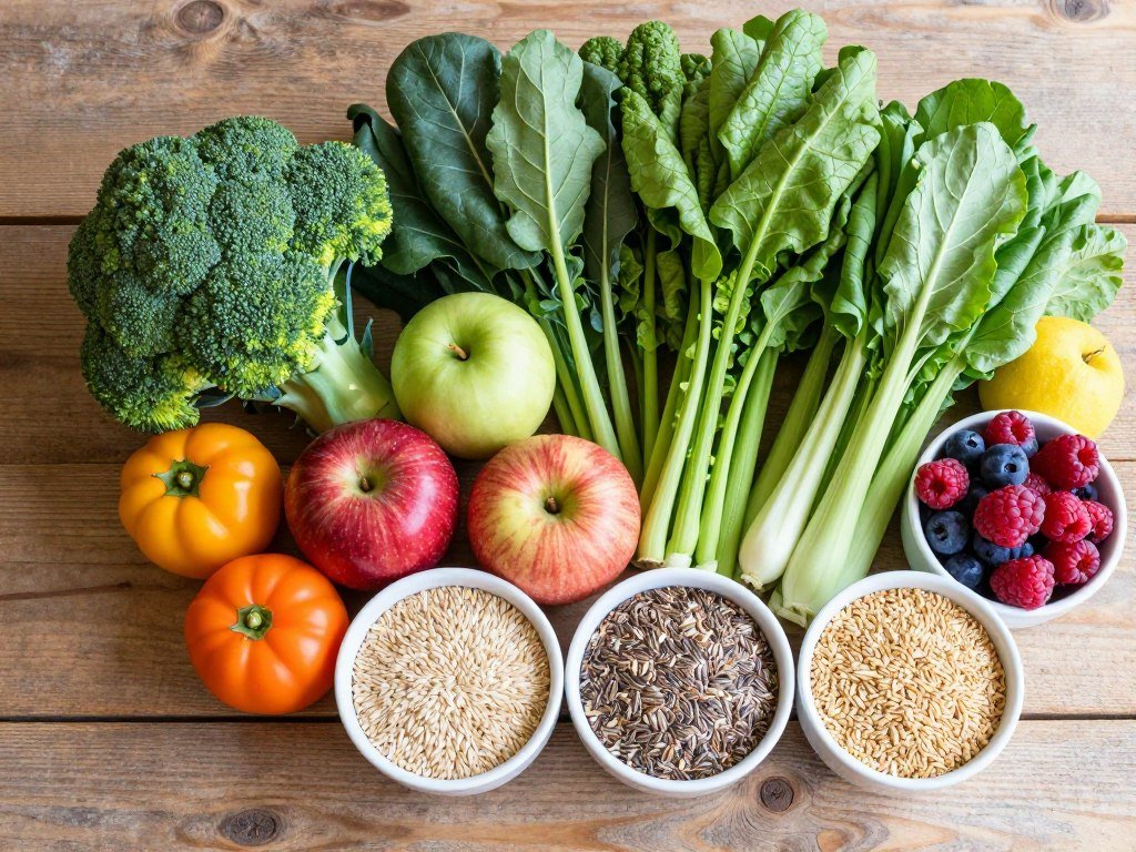 Fresh vegetables and fruits rich in dietary fibre for natural bowel cleansing Fresh vegetables and fruits rich in dietary fibre for natural bowel cleansing