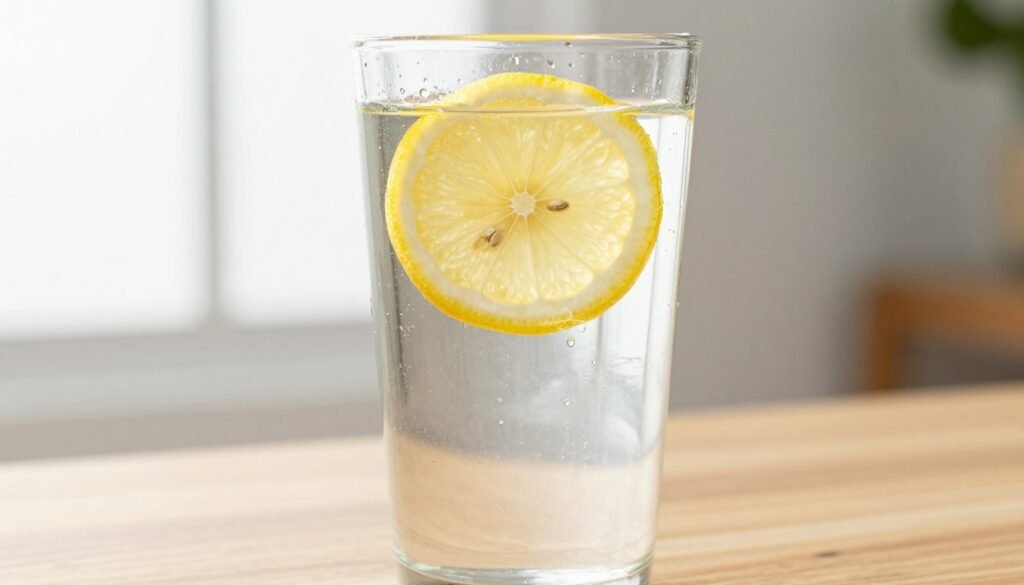 Glass of water with fresh lemon slice on wooden table representing hydration for bowel health