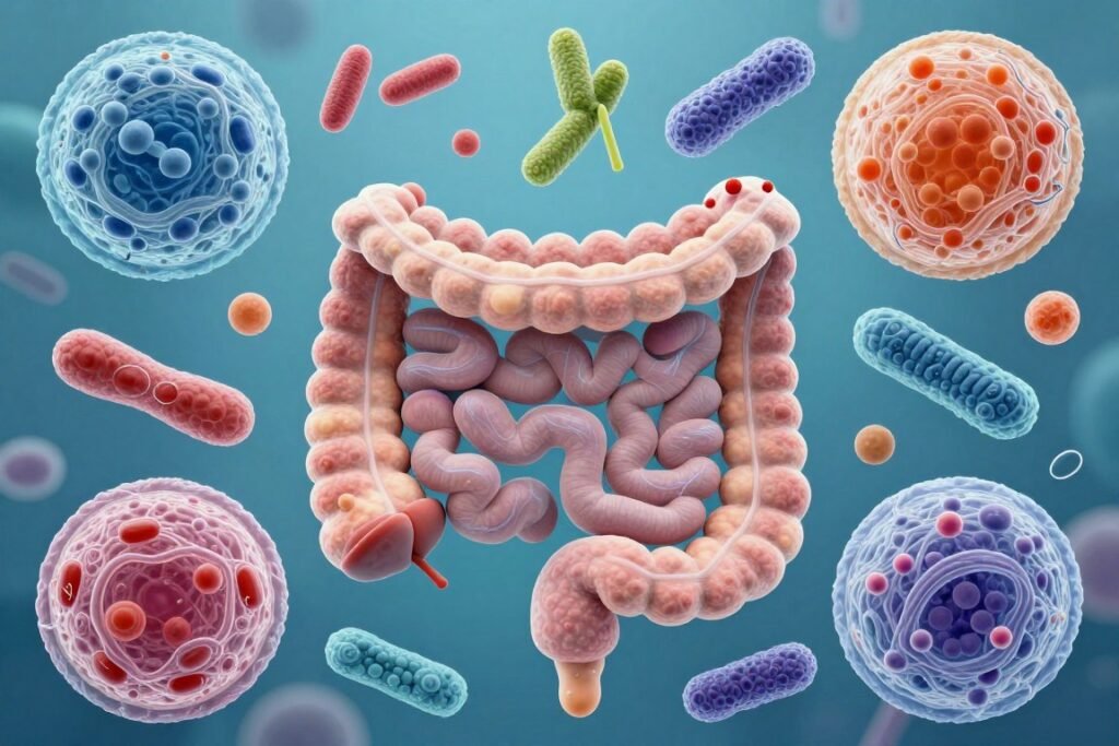 Gut microbiome visualization showing healthy bacterial diversity