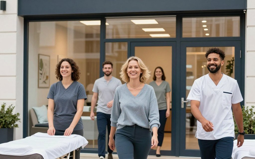 Happy healthy clients leaving wellness clinic