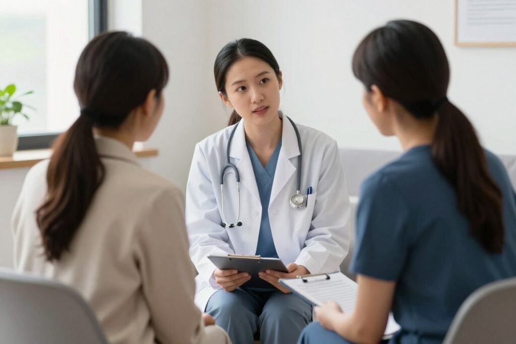 Healthcare practitioner educating client with informational materials Healthcare practitioner educating client with informational materials