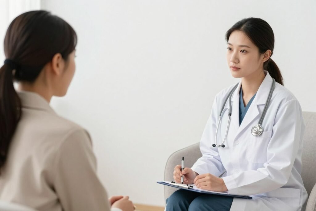 Healthcare professional consulting with client about safety Healthcare professional consulting with client about safety