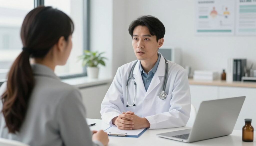 Healthcare professional explaining colon hydrotherapy benefits to client Healthcare professional explaining colon hydrotherapy benefits to client