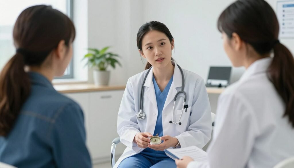 Healthcare professional providing colon hydrotherapy benefits consultation Healthcare professional providing colon hydrotherapy benefits consultation