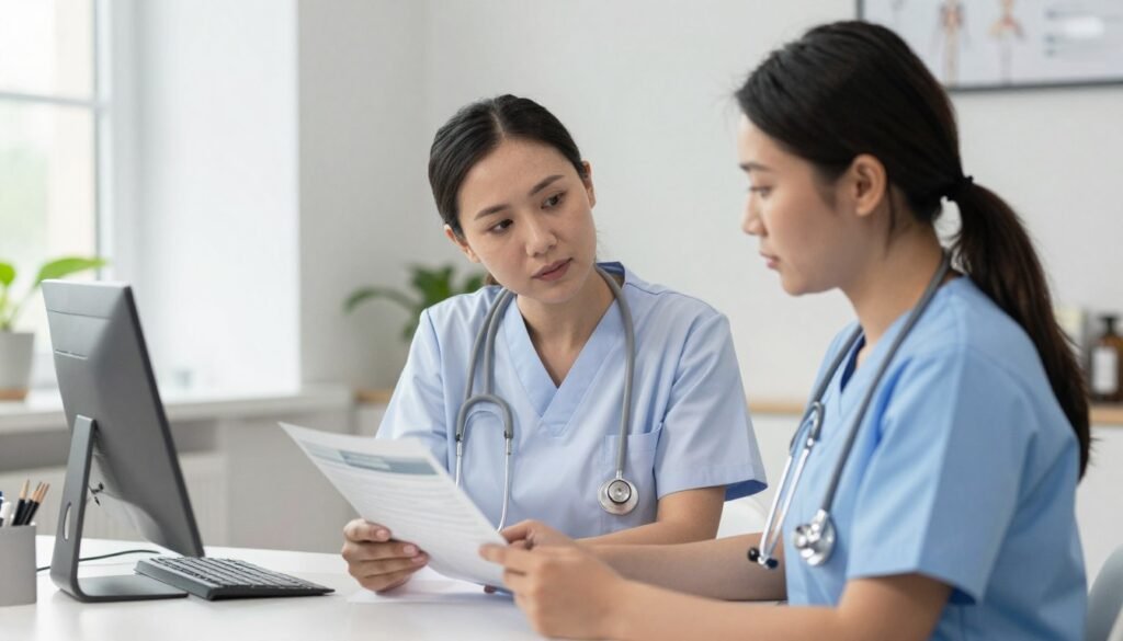 Healthcare professional reviewing risk assessment documentation