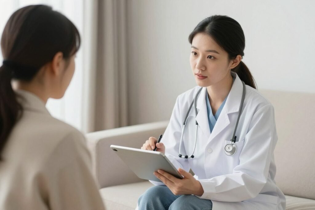 Healthcare provider counselling patient with educational materials