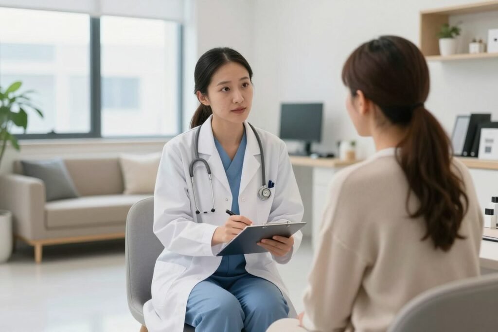 Healthcare provider meeting with potential patient in consultation