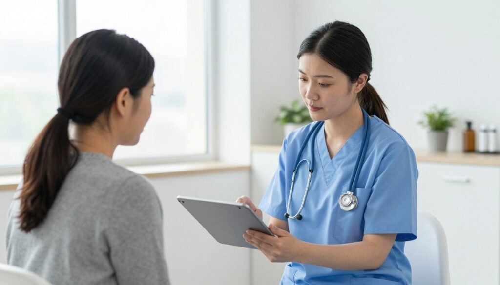 Healthcare provider reviewing safety checklist with patient
