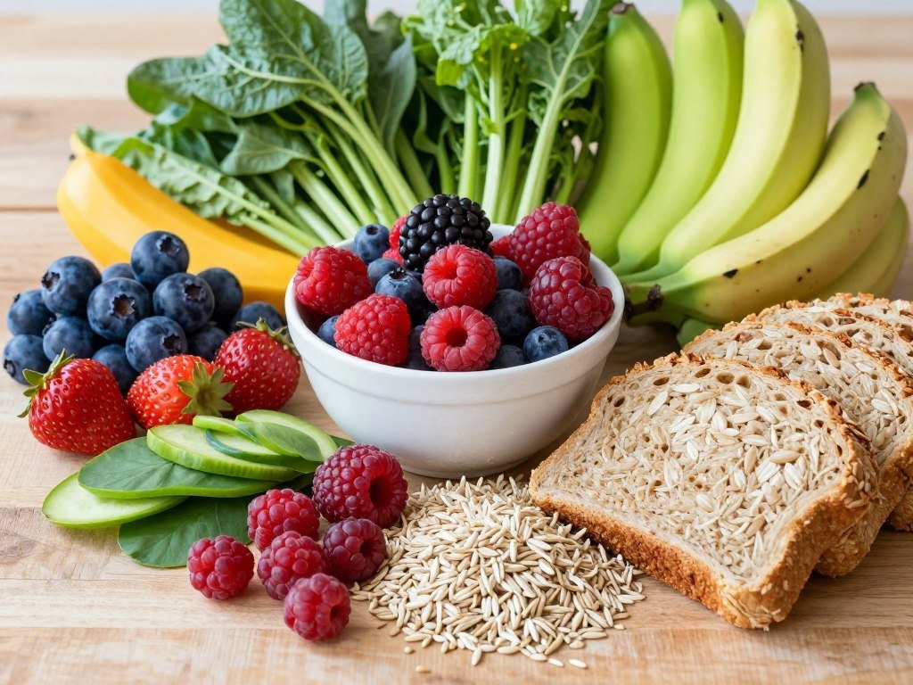 Healthy digestive system foods including fruits, vegetables, and whole grains