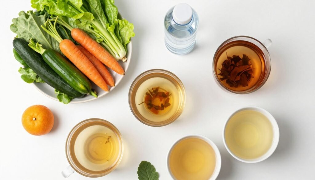 Healthy foods recommended for colon hydrotherapy preparation including vegetables and fruits