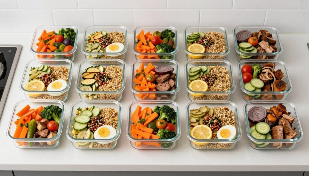 Healthy meal prep containers with balanced nutritious meals for week
