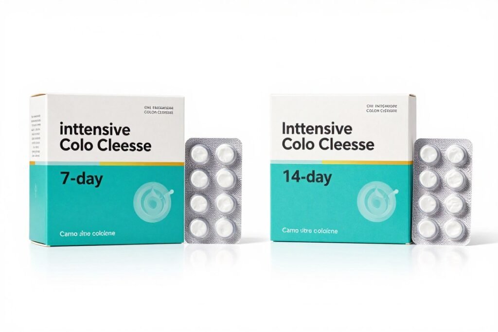 Intensive cleanse program packaging showing 7-day and 14-day options