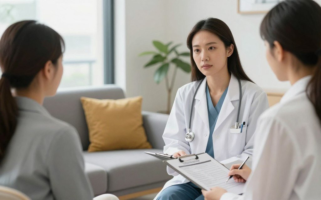 Medical consultation between therapist and client discussing colon hydrotherapy safety Medical consultation between therapist and client discussing colon hydrotherapy safety