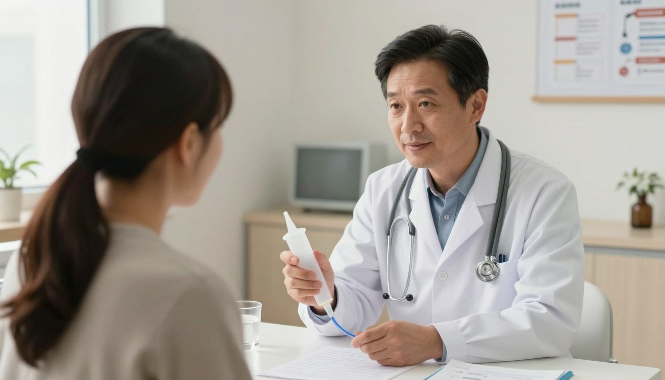 Enema Side Effects 1 Medical professional explaining enema side effects to patient in clinical setting