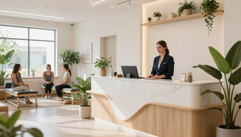 Modern UK wellness centre reception area showing growth and success