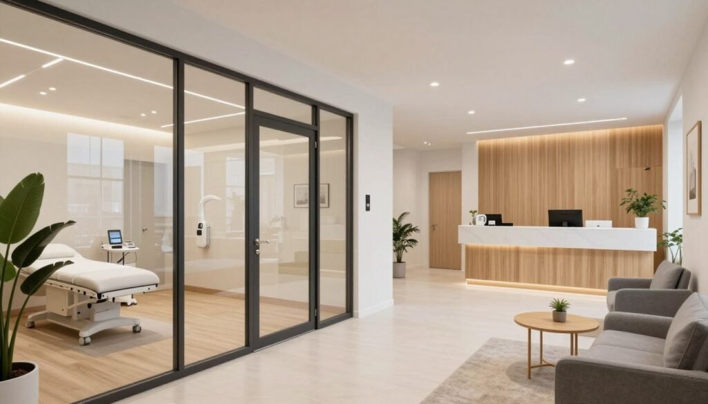 Modern UK wellness clinic interior with treatment rooms