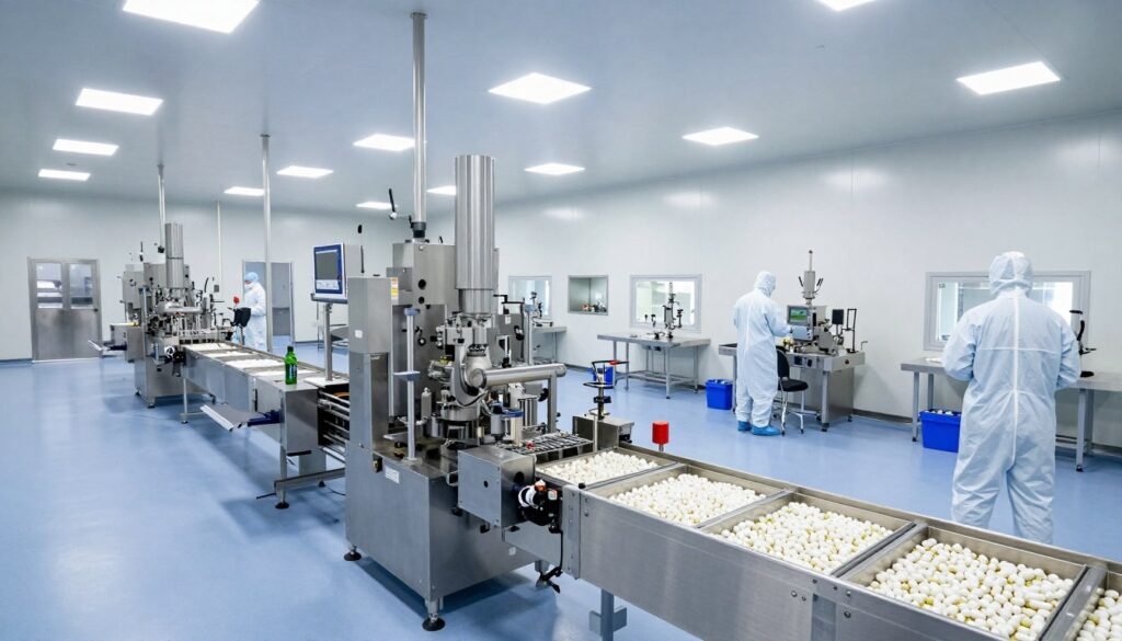 Modern pharmaceutical manufacturing facility producing colon cleanse supplements