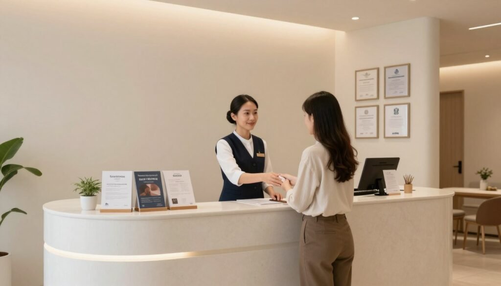 Modern wellness clinic reception area with professional branding Modern wellness clinic reception area with professional branding