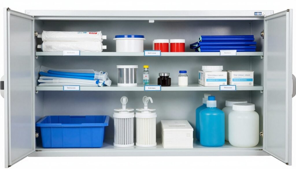 Organised storage of colonic machine replacement parts and consumables